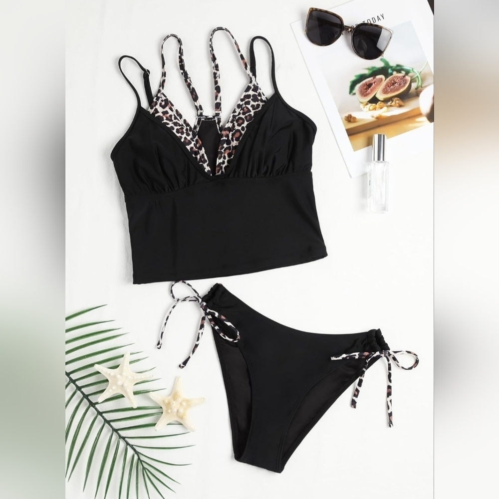 Black Leopard Trim Women's Swim Set